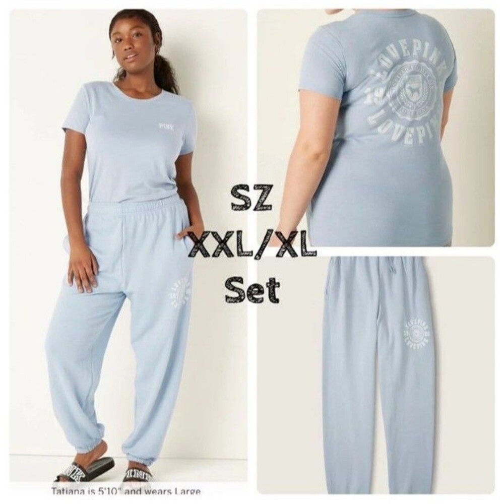 VS PINK SET BLUE FOG HERITAGE LOGO CAMPUS PANTS CREW TEE outfit